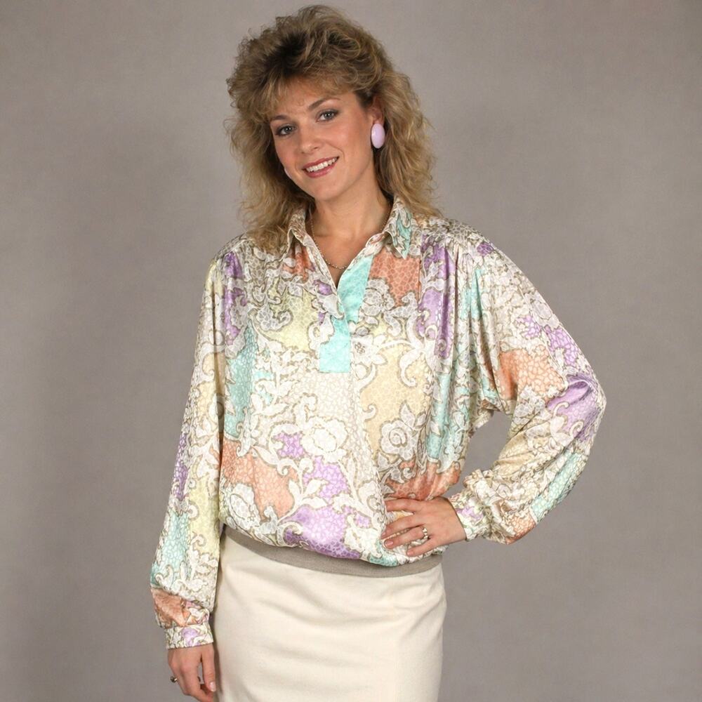 Vintage 80s Jamboree Shiny Pastel Floral Blouson Top Blouse Size Large - Hey Viv